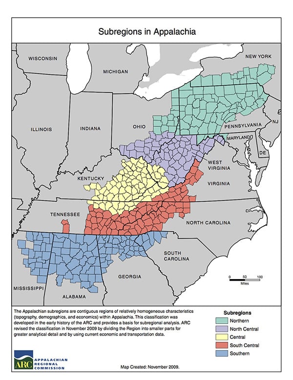 Map of the Appalachian Mountain regions